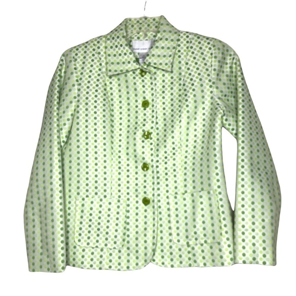 Nwt - SUSAN GRAVER Button-Up Blazer White & Green Polkadot w/ Pockets - Size XS